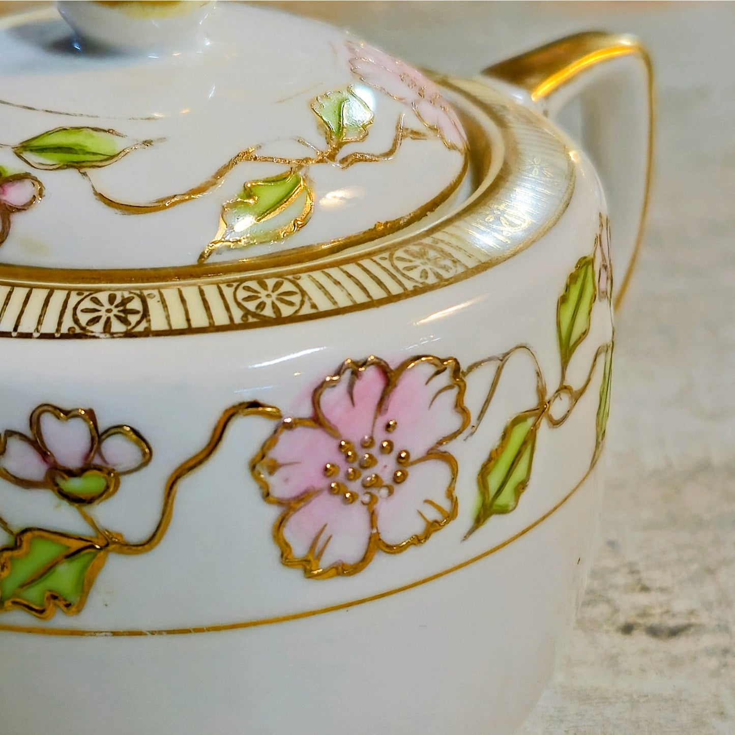 Antique Japanese Nippon Porcelain Cherry Blossom Creamer & Covered Sugar Bowl