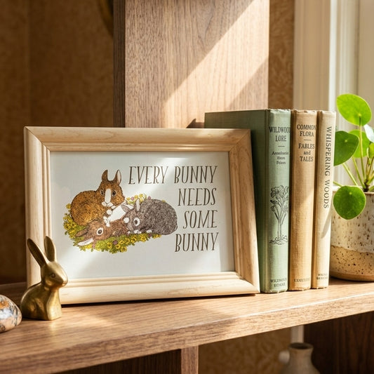 “Every Bunny Needs Some Bunny” Framed Bunny Print | 1990s 4x6 Wood Frame