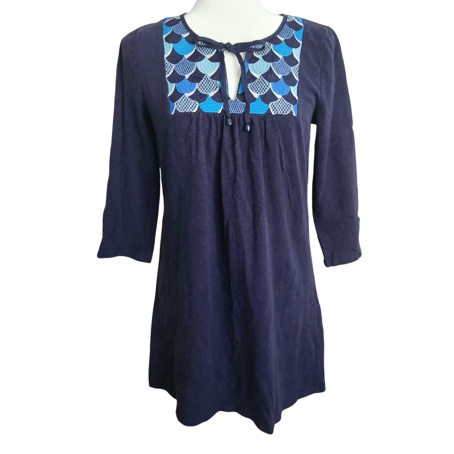 Boden Women's Blue 3/4 Sleeve Cotton Boho Embroidered Bib Tunic Top US 6 | UK 10