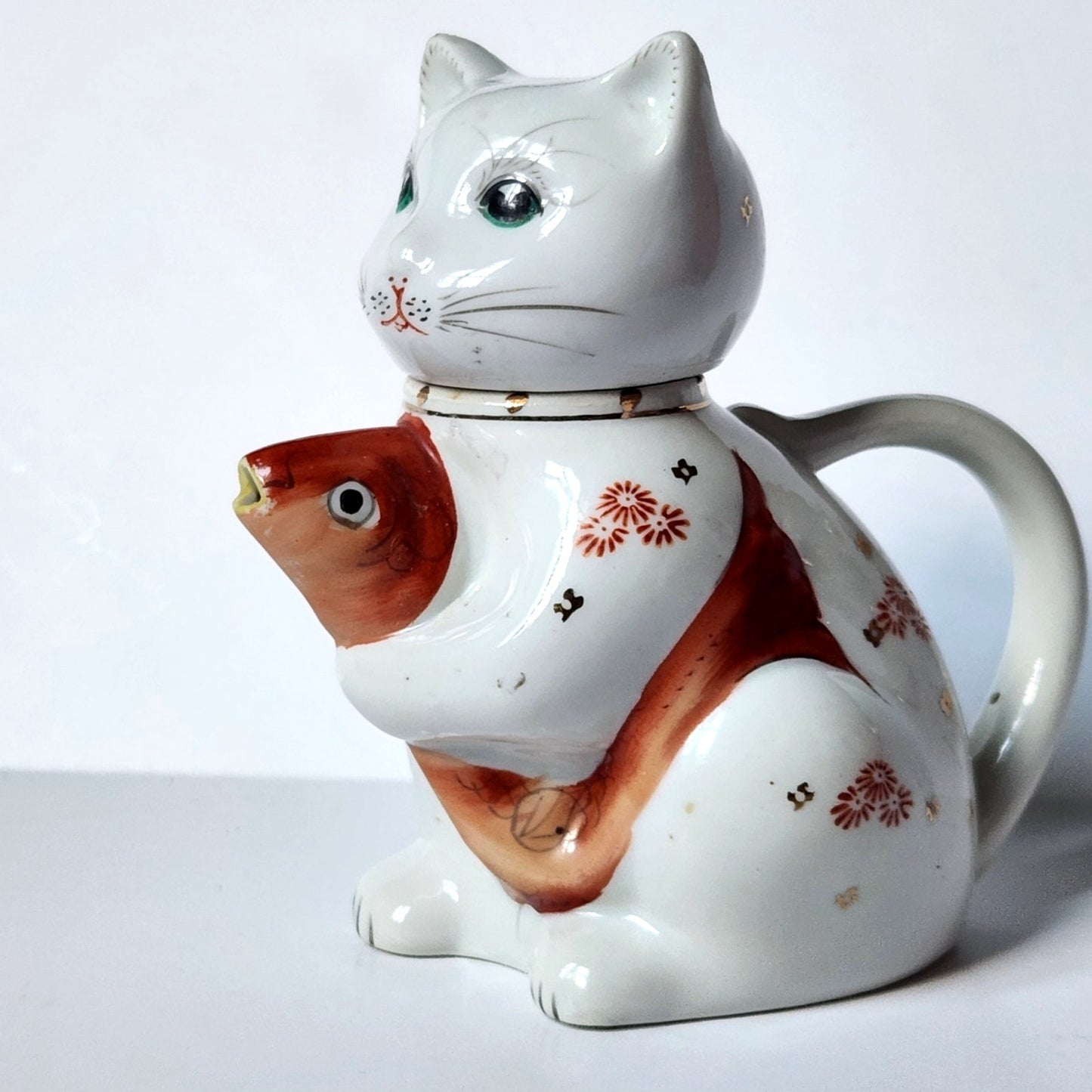 Vintage Cat & Koi Porcelain Teapot • Hand-Painted Lid/Spout • Metallic Gold