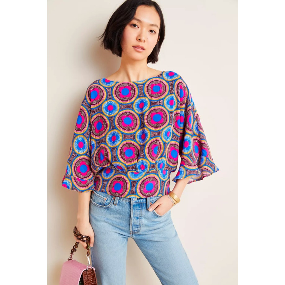 Anthropologie Maeve Miro Dolman Blouse – Retro Mod Silky Top Pink Blue | Women's Size XS