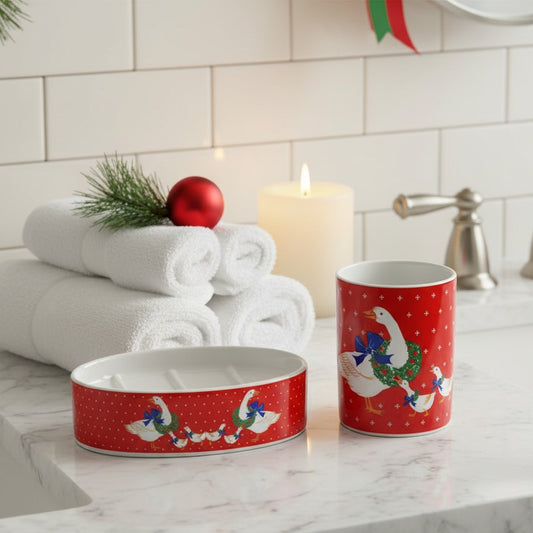 1980s Christmas Goose Bath Set – Soap Dish & Tumbler in Original Box – Red Holiday Goose with Wreath & Blue Bow
