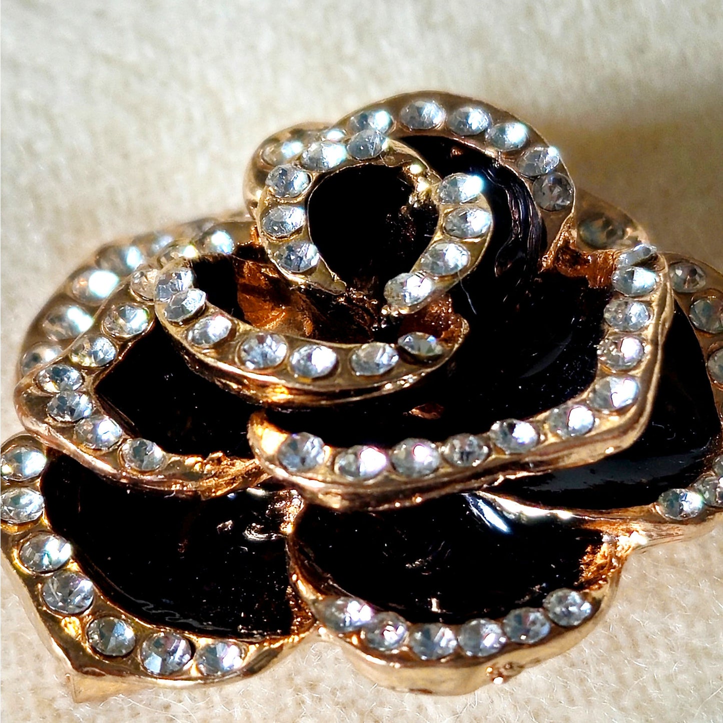 Vintage Rose Gold Tone Rose Brooch | 1990s Black Enamel & Rhinestone Flower Pin