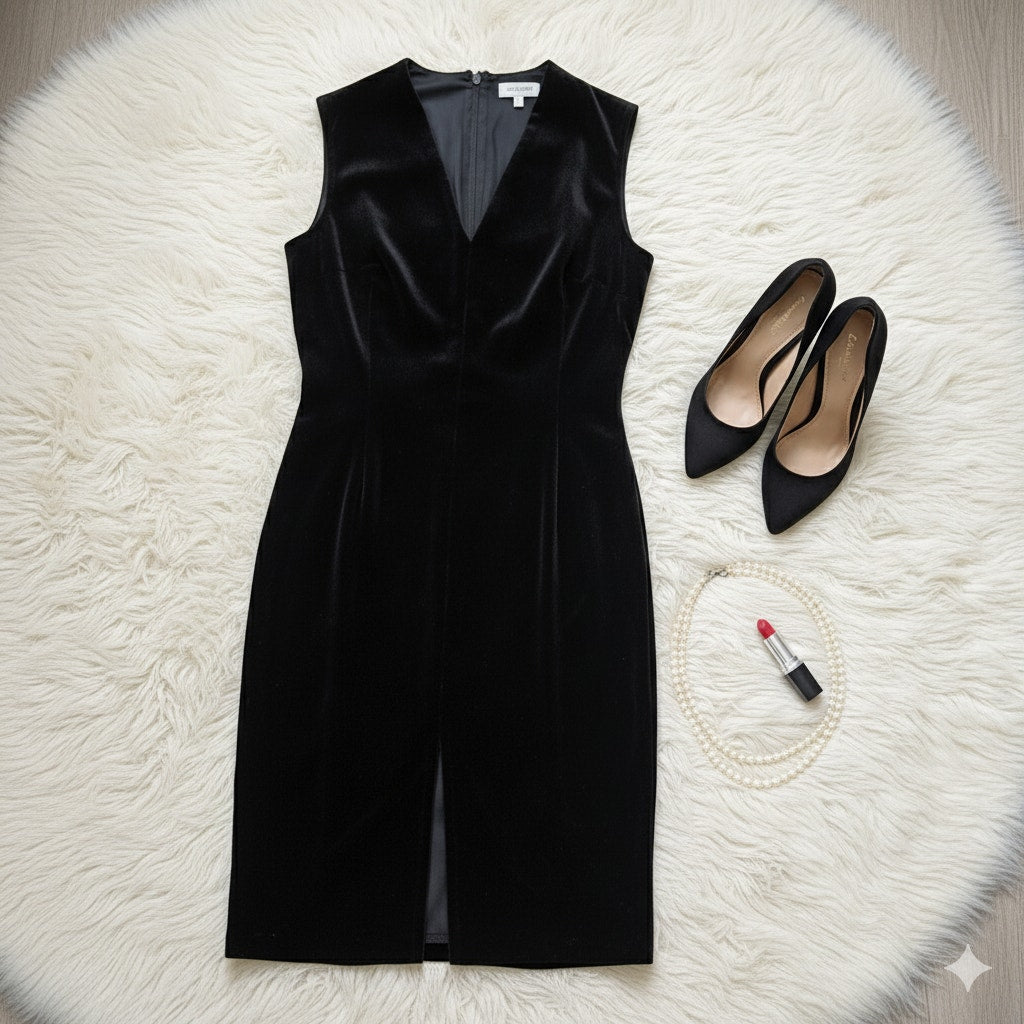 Black Velvet Sleeveless Dress | Women's 12 | Rayon Silk Blend