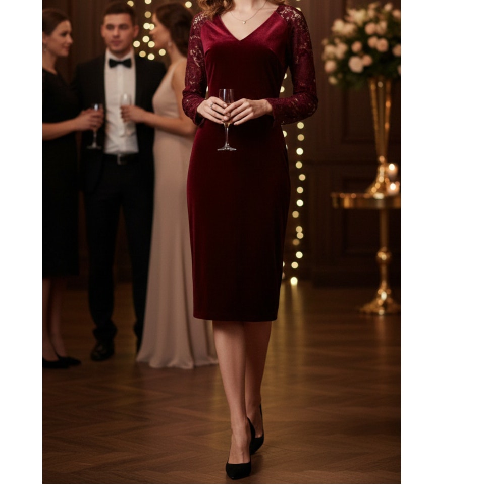 Badgley Mischka Burgundy Velvet Lace Sleeve Cocktail Dress