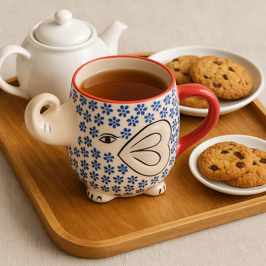 🐘 Yokohama Studio Japan Ceramic & Enamel Blue Floral Elephant Mug – Reproduction | Home