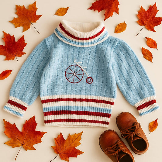 1960s Turtleneck Sweater – Baby Blue with Penny Farthing Embroidery – Size 2T