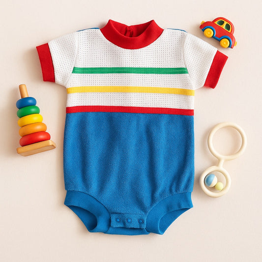 Vintage 1980s Terry Cloth Baby Romper – Colorblock Blue White Red Green Yellow Stripes – Newborn up to 14 lbs – Retro Infant One Piece