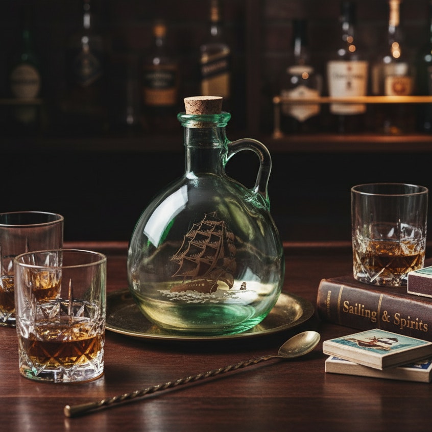 MCM Vintage Old Fitzgerald Green Glass Flagship Decanter Bottle – Tall Ship Design – Collectible Nautical Barware