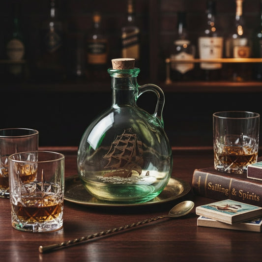 MCM Vintage Old Fitzgerald Green Glass Flagship Decanter Bottle – Tall Ship Design – Collectible Nautical Barware