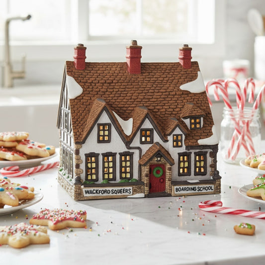 Dickens' Nicholas Nickleby “Wackford Squeers Boarding School” | Heritage Village Collection | 1980s Porcelain Lighted House with Light Cord and Box