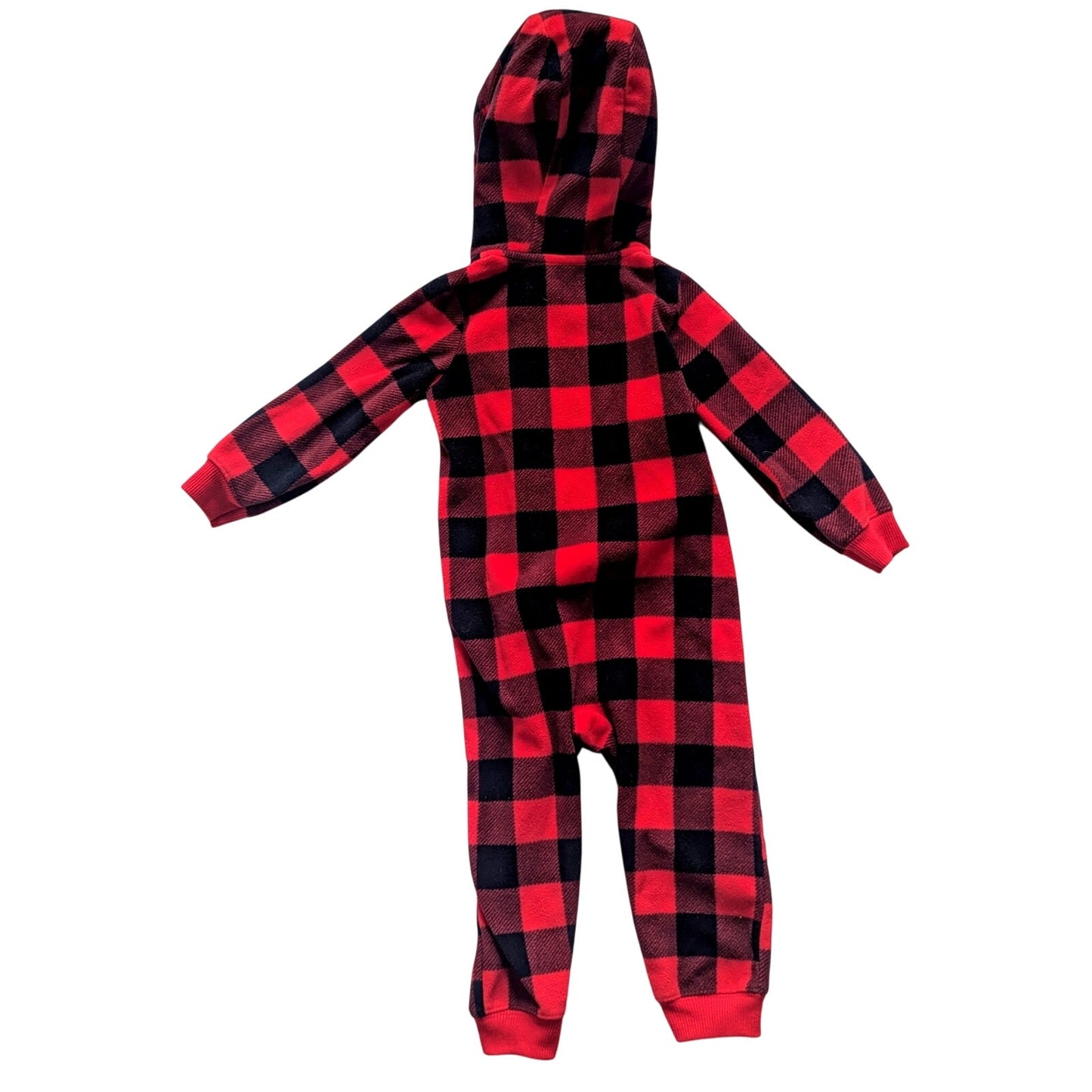 Red Buffalo Plaid Fleece Hooded Jumpsuit | Size 24M | Sherpa Lined Teddy Bear Patch