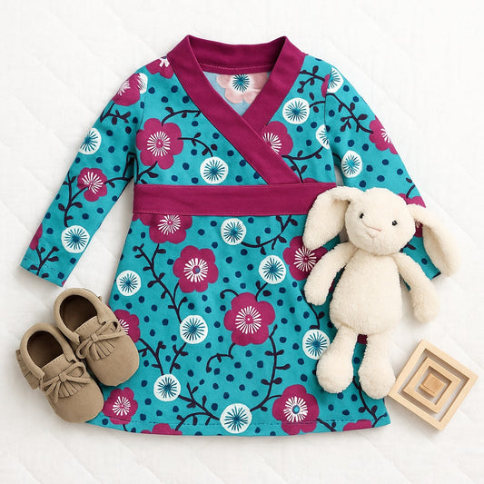 Tea Collection Taiyo Long Sleeved Infant Turquoise Wrap Dress | Baby Size S 6-12M