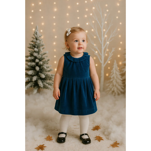 Janie and Jack Sapphire Blue Velveteen Pleated Dress | Luxe Winter Line | Baby Girl 12-18M