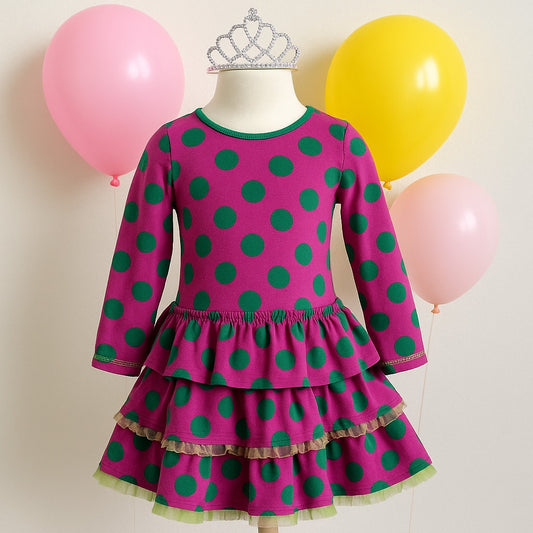 Hanna Andersson Ruffle Up Dress | Purple Green Polka Dot Tulle | Girls Size 130cm / 8