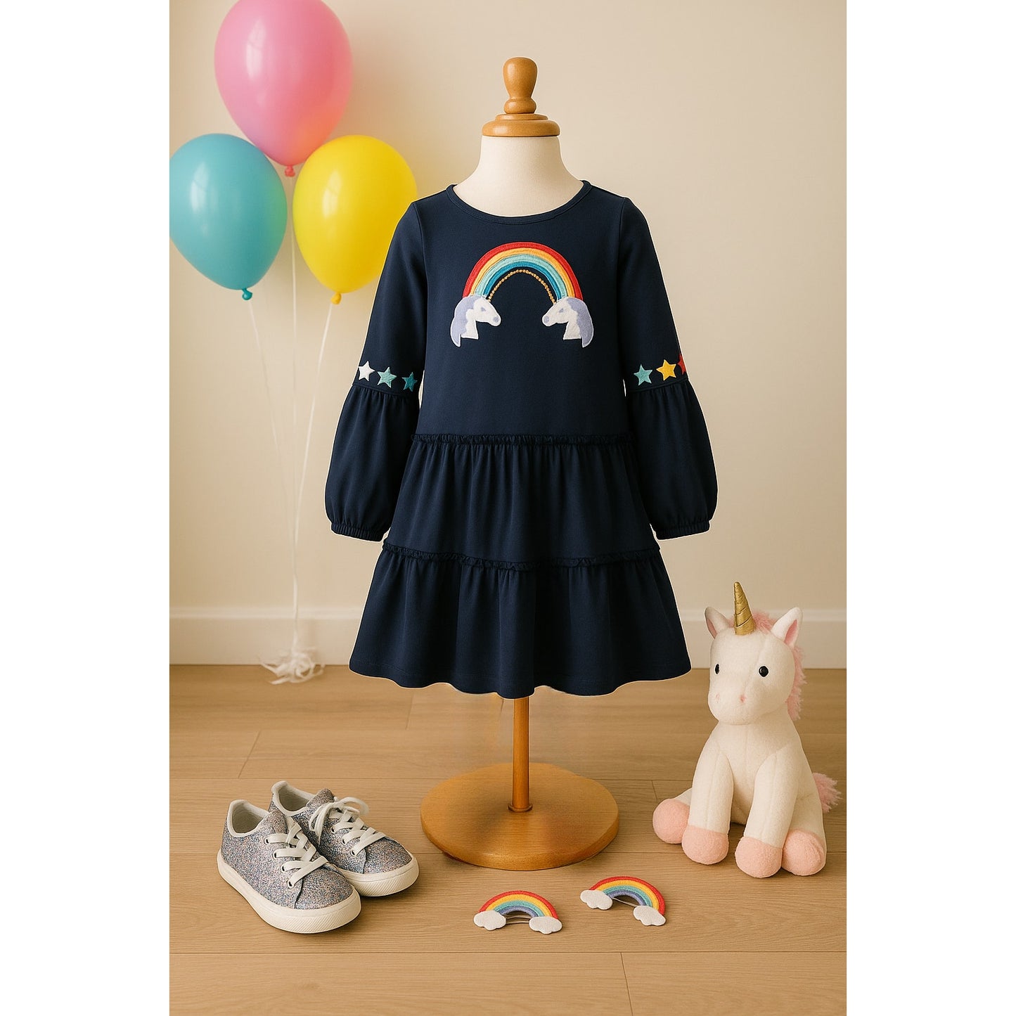 Mini Boden Navy Rainbow Unicorn Appliqué Dress | Girls Size 7-8 (128 cm) | Long Sleeve Tiered Twirl Dress