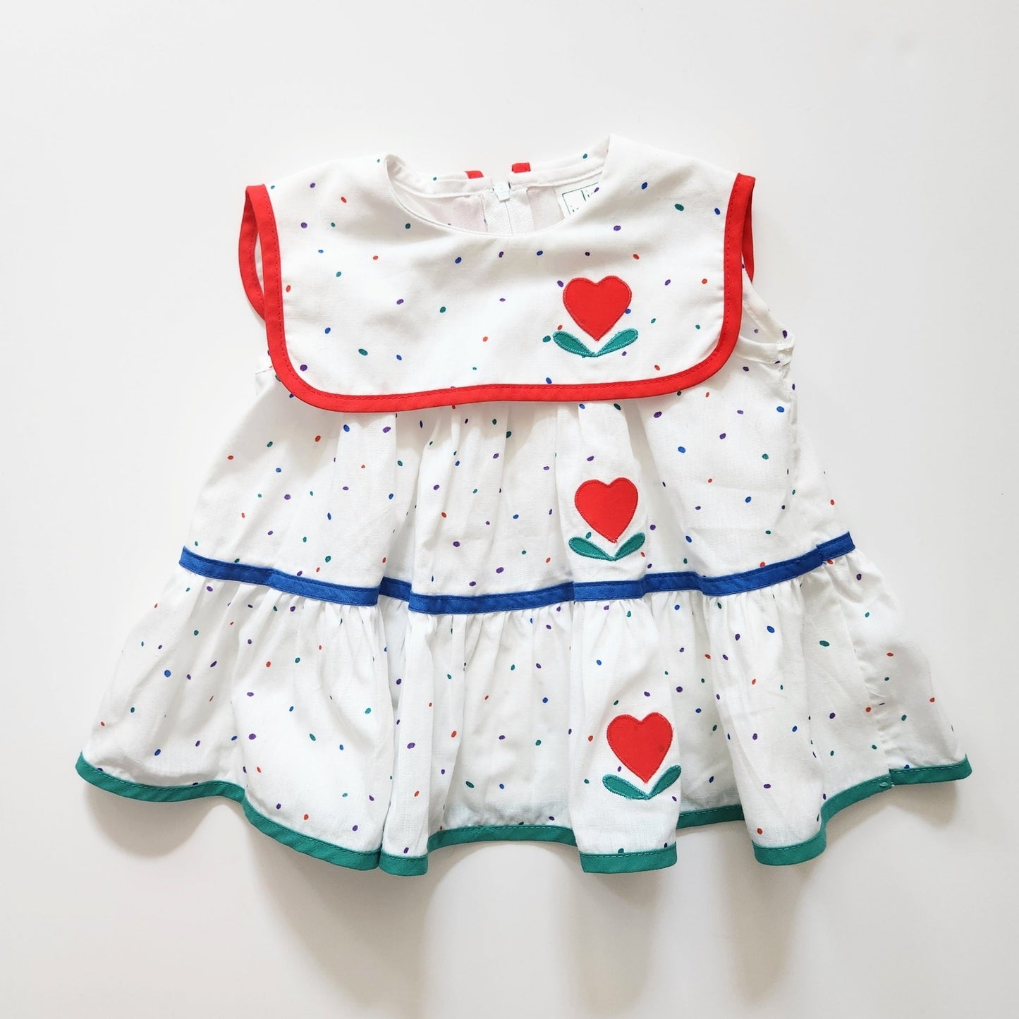 Vintage 1980s Lisa Jackson Baby Girl Dress – Polka Dots & Heart Appliqué, Bib Collar, Tiered Skirt – Size 3-6 Months, Made in USA