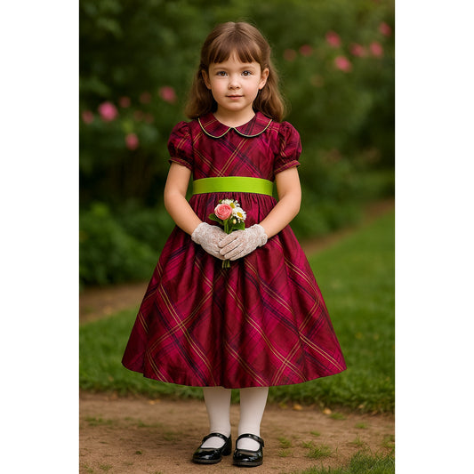 Lilly Pulitzer Vintage 1990s Girls Silk Plaid Dress – Size 5 | Purple & Green Taffeta Party Dress with Puff Sleeves and Grosgrain Ribbon