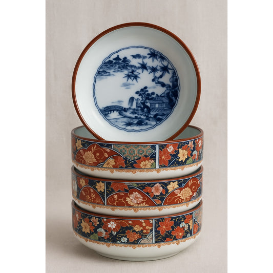 Vintage 1960s Japanese Imari Soup / Rice Bowls – Gold Imari Signed – Maple Leaf Design, Blue White Red & Gold – Set of 5 | Home Decor