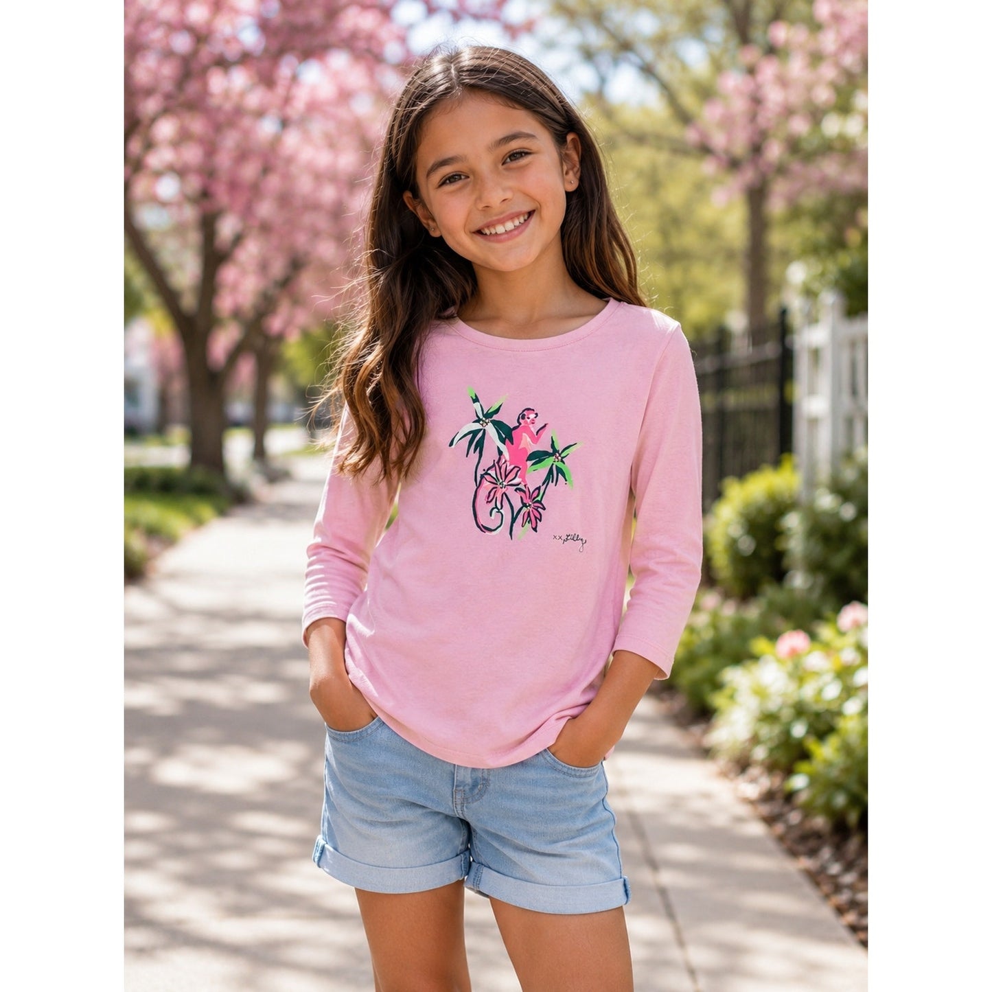 Lilly Pulitzer Girls’ Pink Jeweled Monkey Graphic 3/4 Sleeve Tee | Size M 8-10
