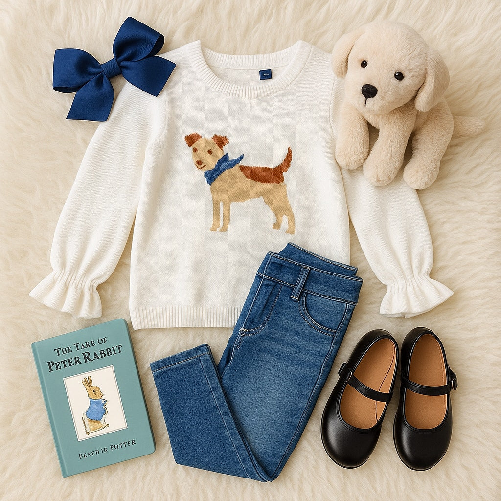 Janie and Jack Ruffle Cuff Dog Sweater | Jet Ivory White Cotton | Girls Size 5