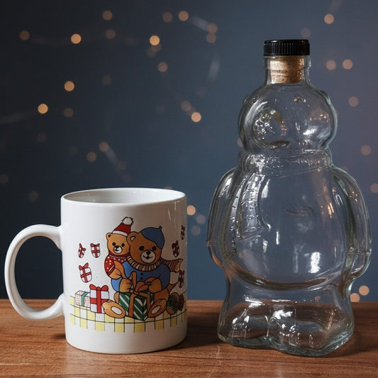 Vintage Christmas Hot Cocoa Gift Bundle — Teddy Bear Holiday Mug + Glass Polar Bear Bottle with Cork Stopper
