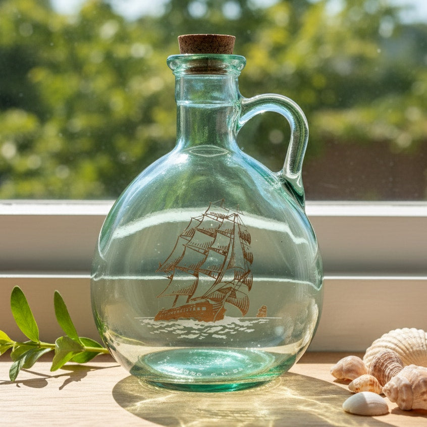 MCM Vintage Old Fitzgerald Green Glass Flagship Decanter Bottle – Tall Ship Design – Collectible Nautical Barware