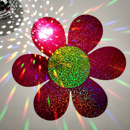 ✨ Vintage 1990s Holographic Flower Sticker – Large Pink & Green Daisy – KO™ Paper USA