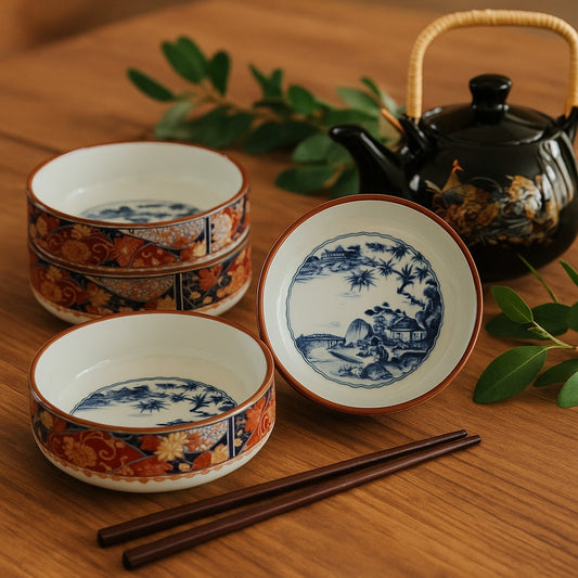 Vintage 1960s Japanese Imari Soup / Rice Bowls – Gold Imari Signed – Maple Leaf Design, Blue White Red & Gold – Set of 5 | Home Decor