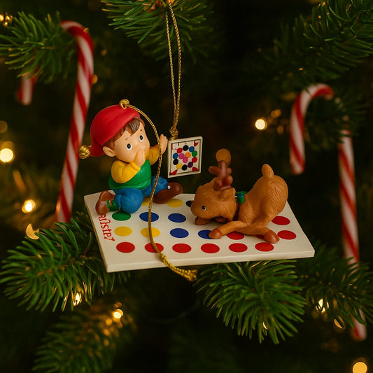 Vintage 1997 Enesco Twister Christmas Ornament | Elf & Reindeer Playing Board Game | Holiday Kids Home Hanging Decoration