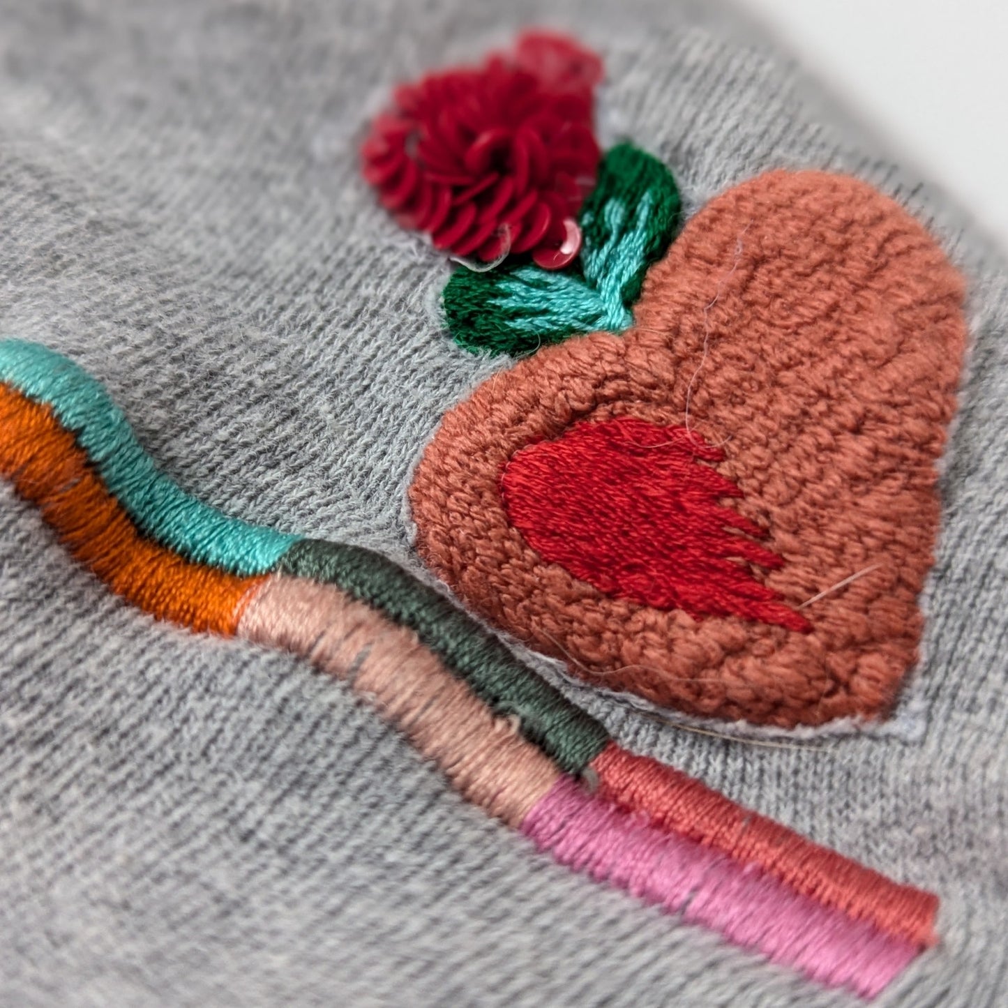 Oilily Believe Sweater Gray Crewneck Girls Size 7 | 122cm Sequins & Embroidery Puff Sleeve Cotton