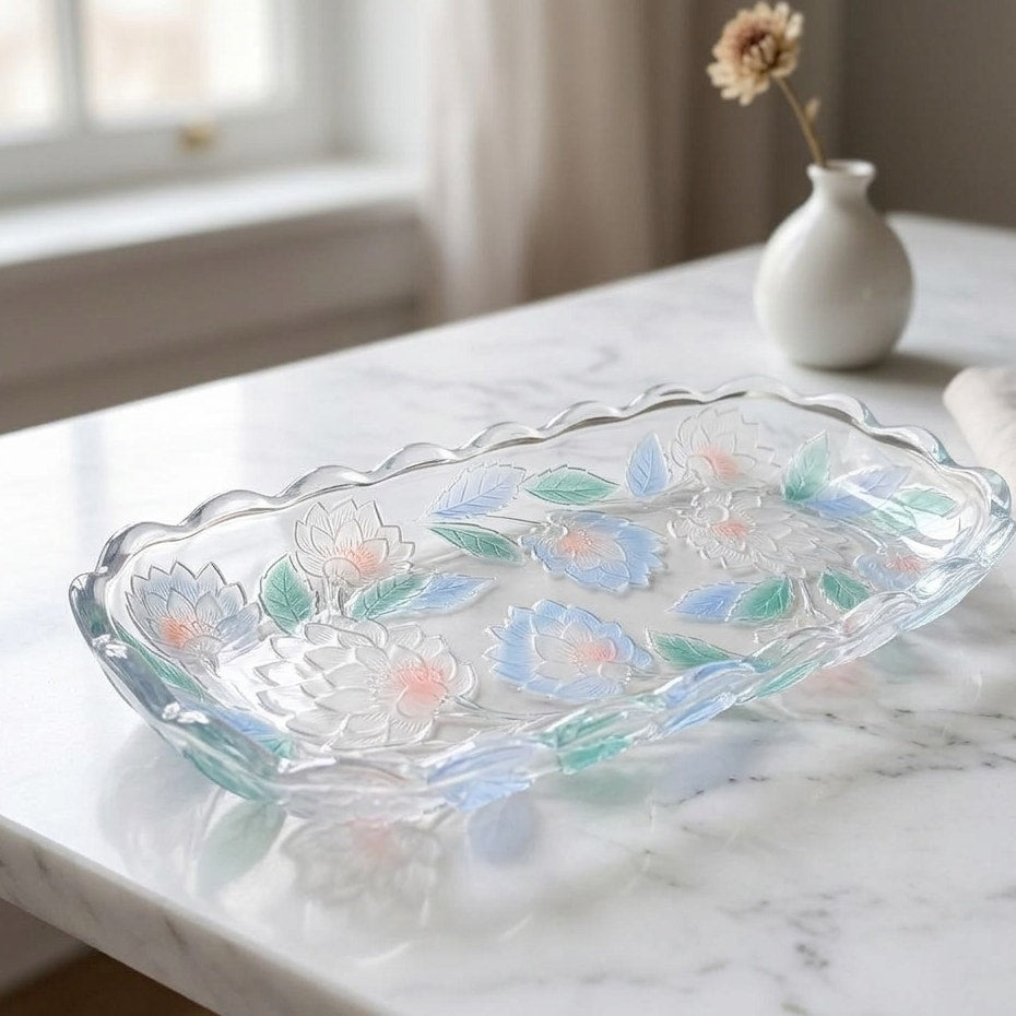 Vintage 1990s Crystal Clear Studios Frosted Pastel Lotus Flower Tray