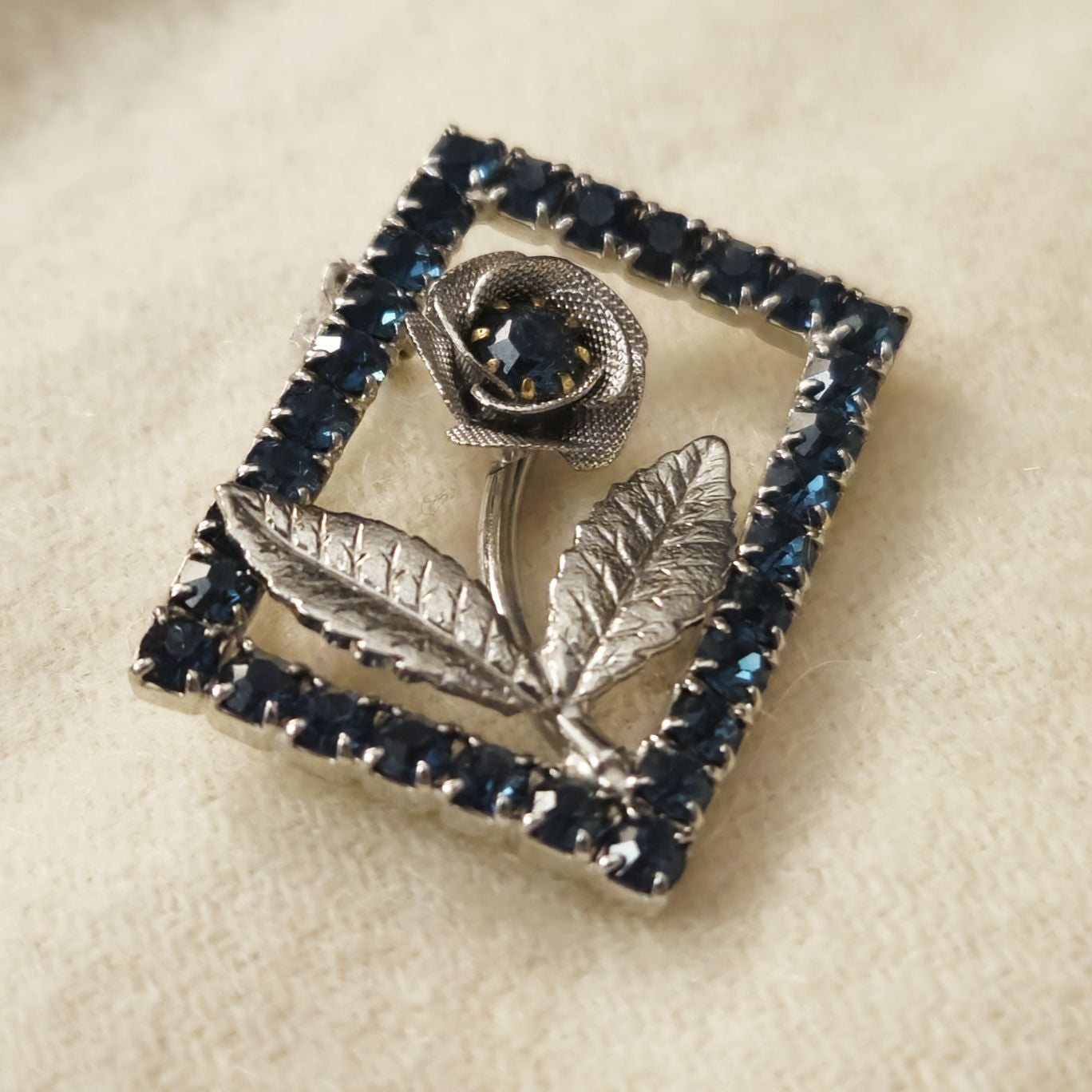 Vintage Mid-Century Blue Rhinestone Flower Brooch | Sapphire Crystal Rectangular Pin