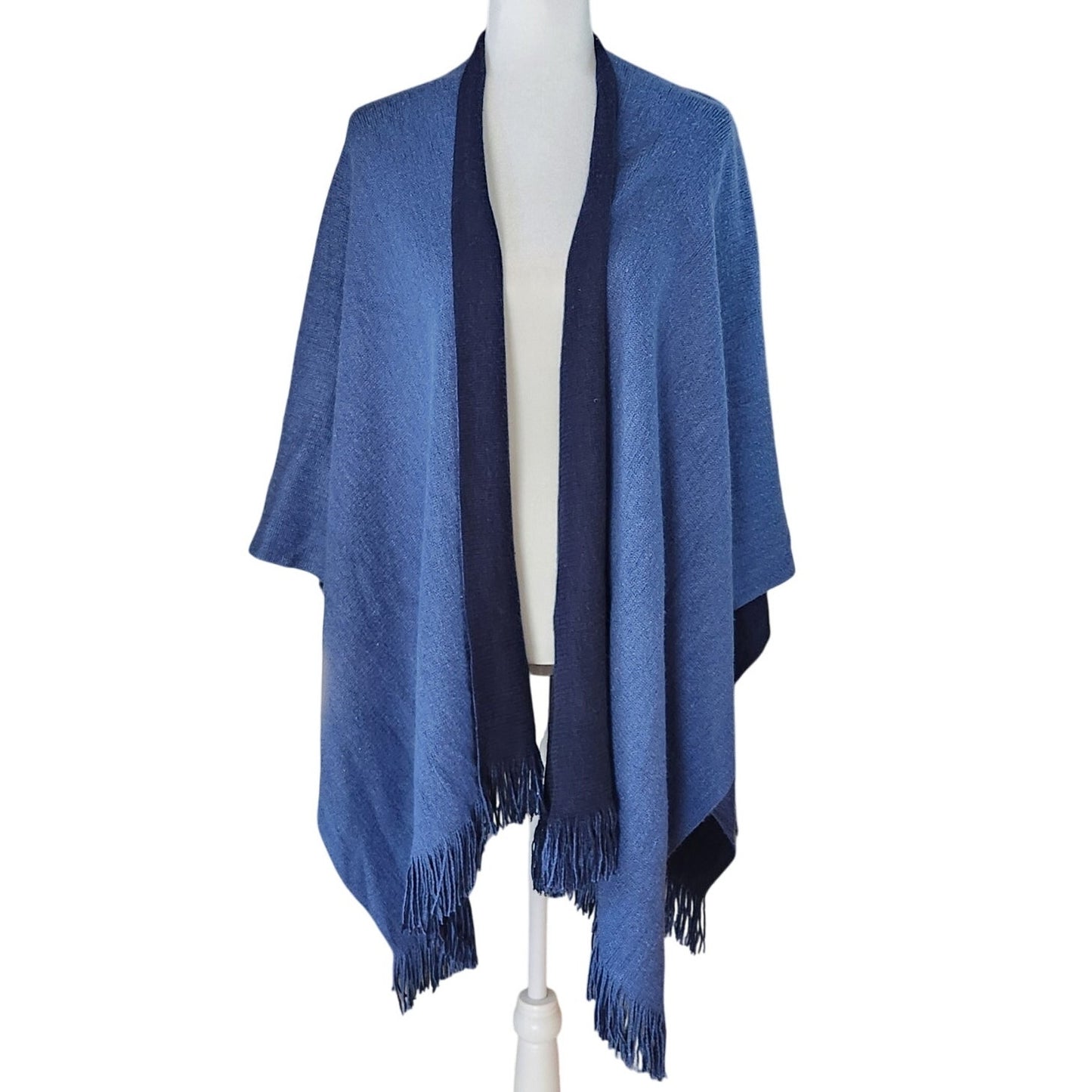 Wool & Rayon Blend Shawl Wrap | Two-Tone Navy & Periwinkle | Reversible Fringe Trim | One Size