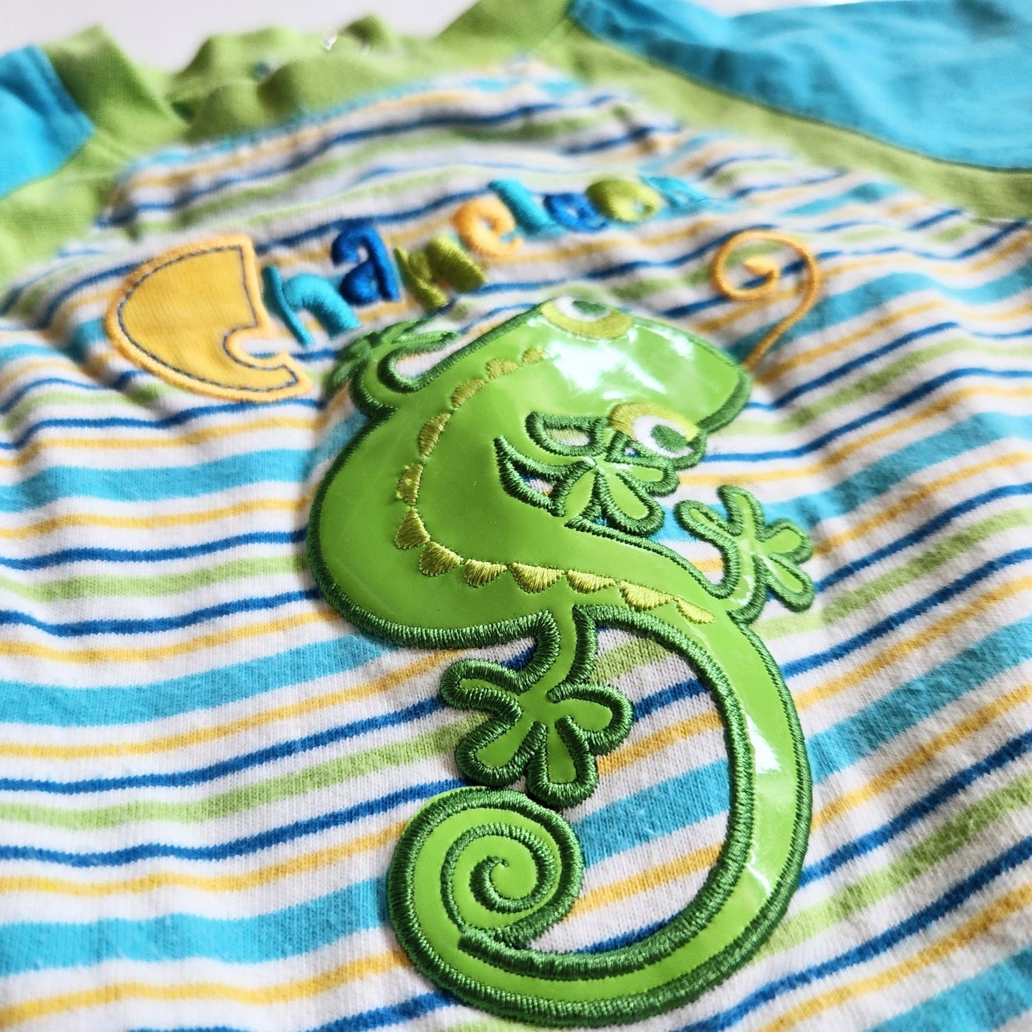Vintage Okie Dokie Chameleon Baby Romper – 18M Y2K Striped Cotton One Piece