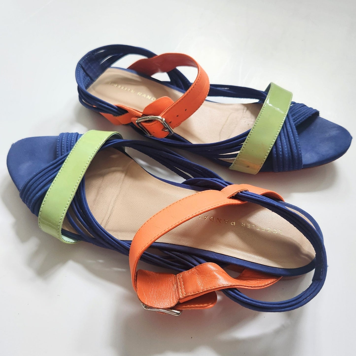Loeffler Randall Women’s Strappy Flat Sandals Blue Orange Mint Green Suede Size 8