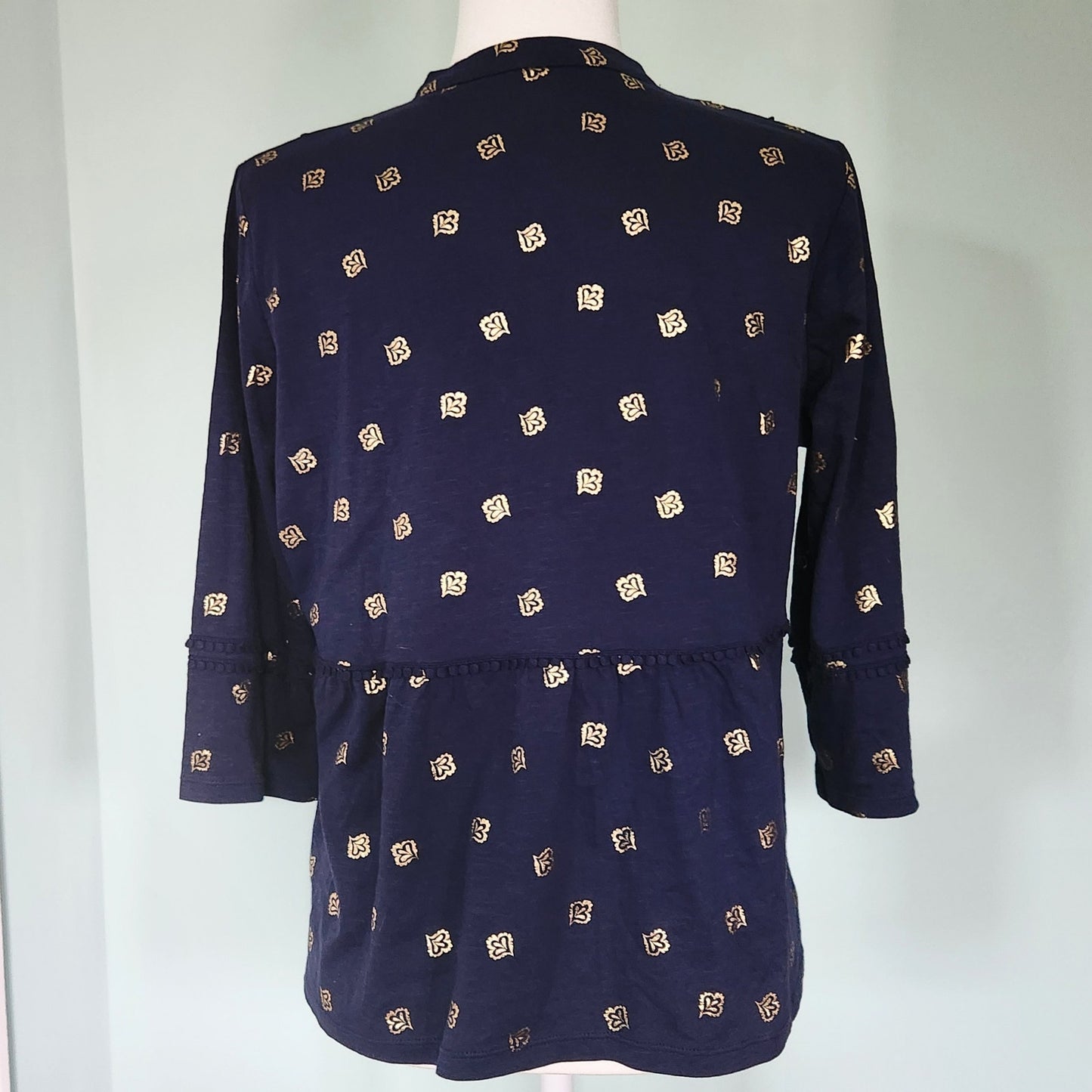 Boden Boho Women's Tassel Tie Blouse Navy Gold Print 100% Cotton Petite 10P Bohemian Top