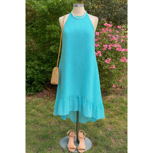 Lauren Ralph Lauren Turquoise Eyelet Embroidered Hi-Lo Halter Dress | Women's Size 8P | Ruffle Hem