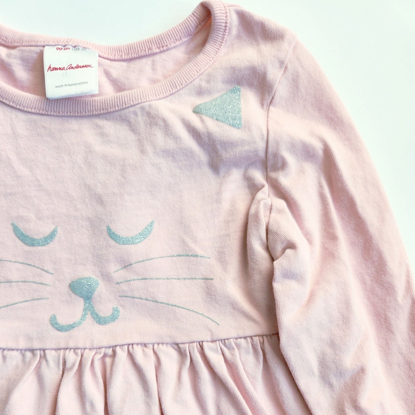 🐱 Hanna Andersson Sparkly Cat Face Dress – Petal Pink Long Sleeve Twirly Dress | Toddler Girls Size 3T