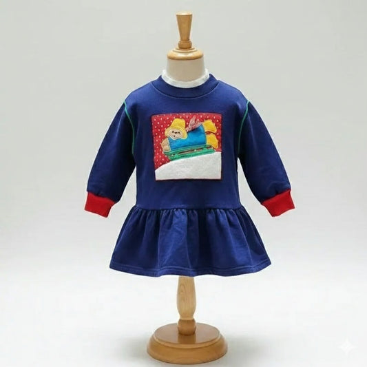Paddington Bear Vintage 1990s Toddler Girls Blue Sweatshirt Dress Winter Sledding Applique Size 3T