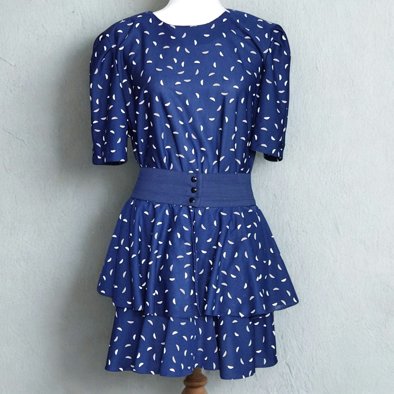 Jenny Vintage 1980s Women's Navy Drop Waist Dress w/ Detachable Flounce Size 12 (fits 8)