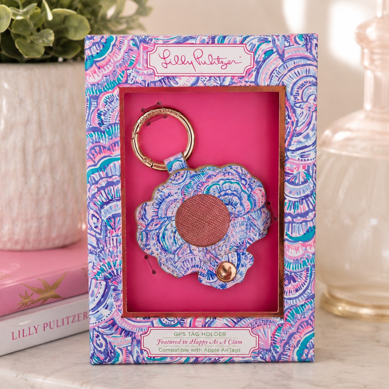 Lilly Pulitzer AirTag GPS Holder Keychain NIB | Happy As A Clam Pink Purple