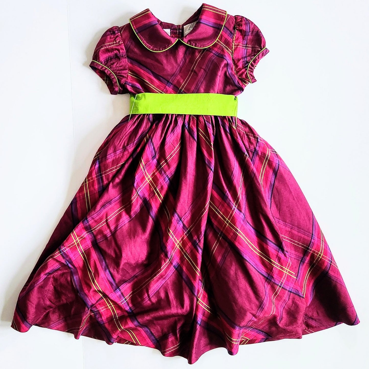 Lilly Pulitzer Vintage 1990s Girls Silk Plaid Dress – Size 5 | Purple & Green Taffeta Party Dress with Puff Sleeves and Grosgrain Ribbon