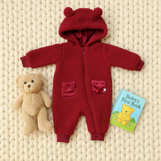 7 For All Mankind Infant Faux Shearling Hooded Coverall | Cranberry Red | Size 0-3 Months
