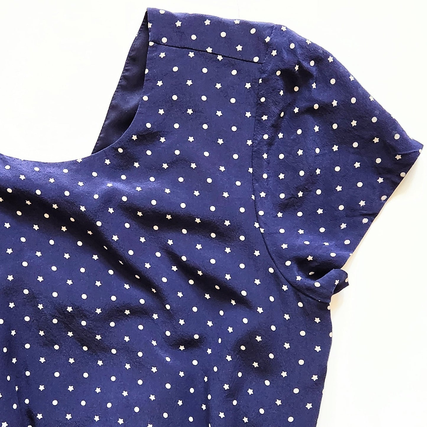 Madewell Silk Cross-Back Dress | Dots & Stars Print | Midnight Blue | Women Size 2 | Short Sleeve Lined Party Brunch Dress