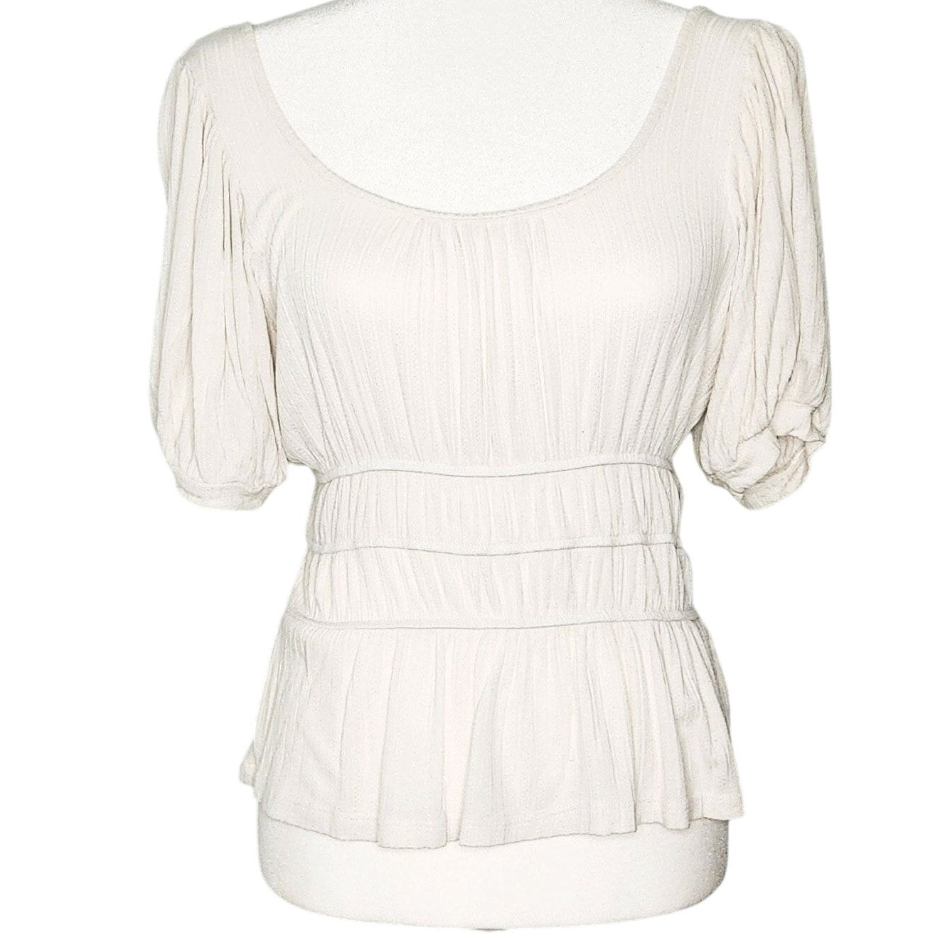 Slate & Willow White Smocked Peplum Top Puff Sleeve Rayon Scoop Neck Blouse | Women's Size M