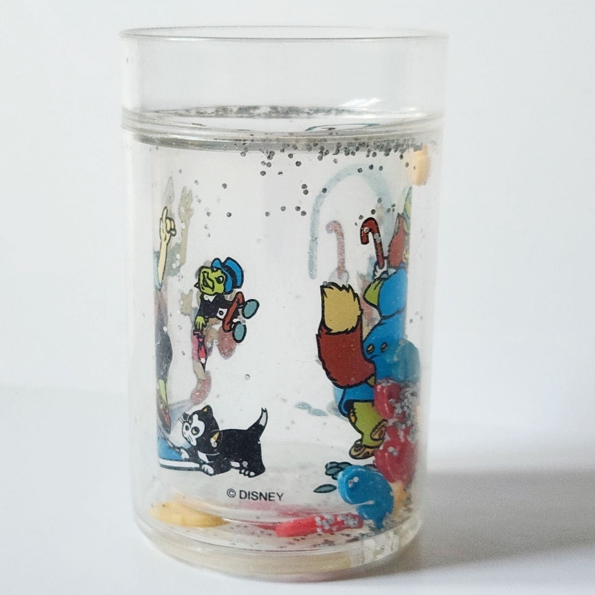 Vintage 90s Kids Pinocchio Geppetto & Figaro Disney Glitter Snow Globe Cup / Tumbler