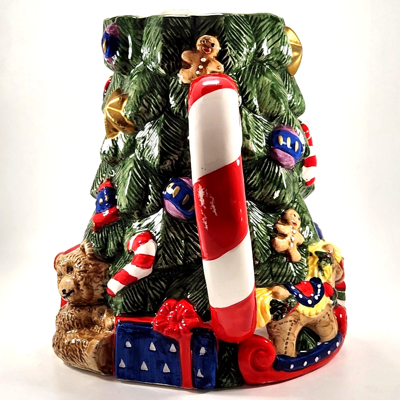 1994 Christmas Tree Ceramic Pitcher with Candy Cane Handle, Teddy Bear & Gift Box Details