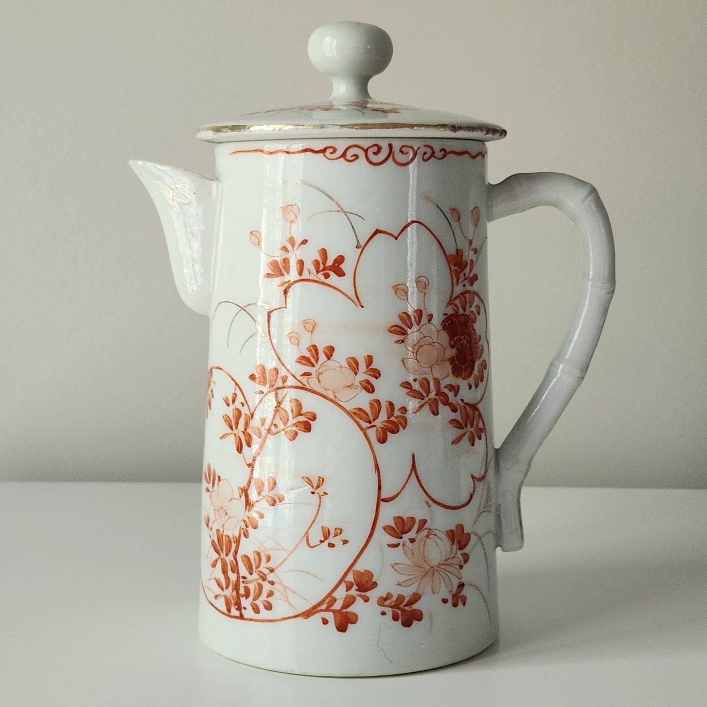 Antique Japanese Chocolate Pot | Early 20th Century Porcelain | Red Orange Floral Design with Gold Gilding | Bamboo Handle | Asian Decorative Teapot 7.5"