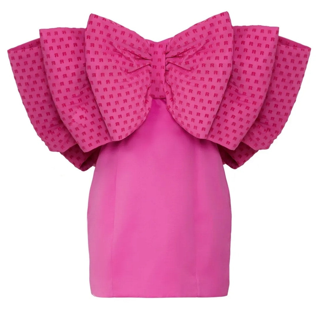 💖 ROTATE Birger Christensen Women's Natalie Fuchsia Pink Bow Mini Dress Size 8